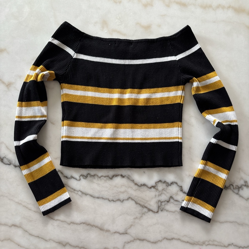 Papermoon Black and yellow striped off the shoulder crop top long sleeve - Picture 3 of 3
